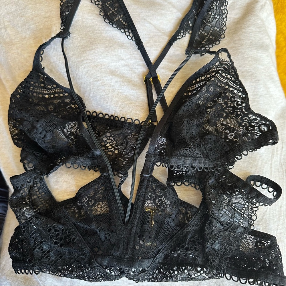 NWT For Love and Lemons black deep v longline strappy bra bralette M